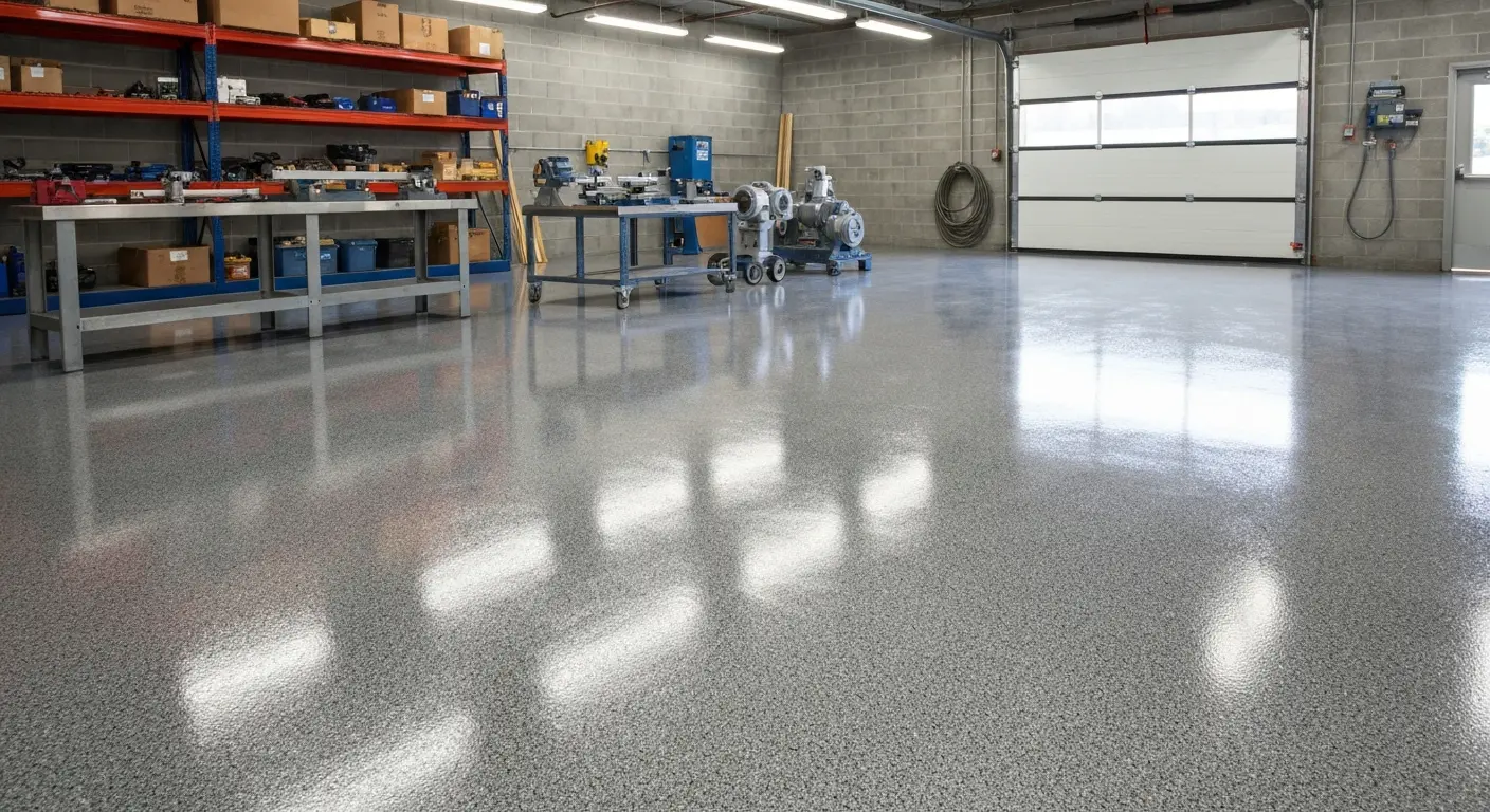 Workshop floor with epoxy flake coating