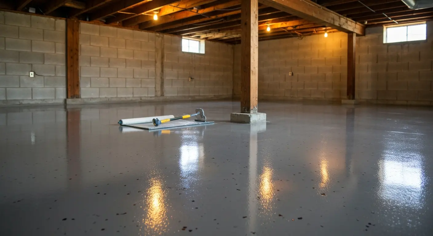 Finished basement floor with epoxy flake coating