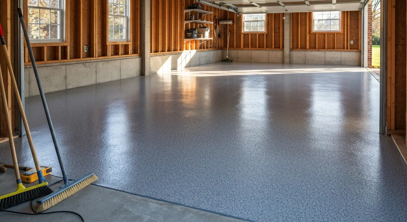 Residential garage epoxy floor with flake finish