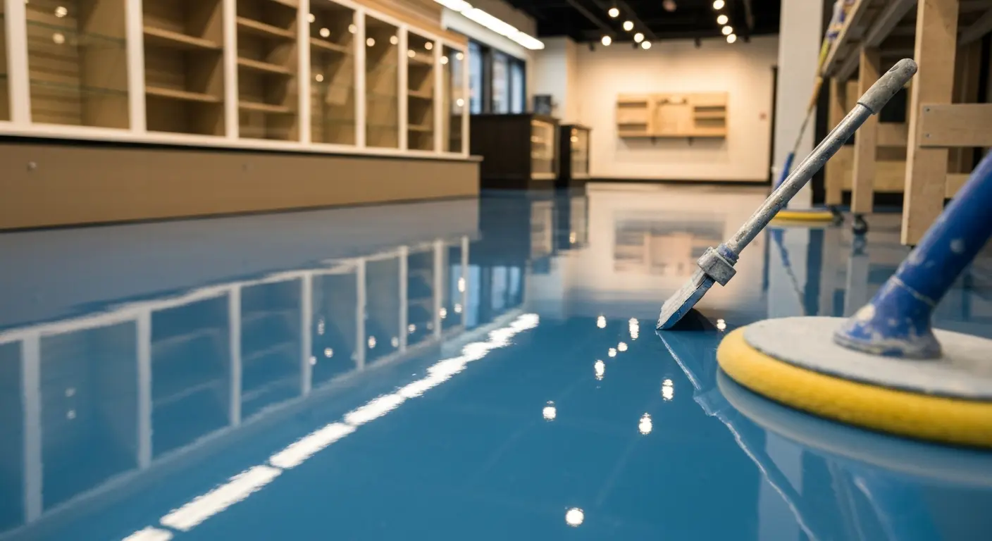 Solid color epoxy floor in showroom