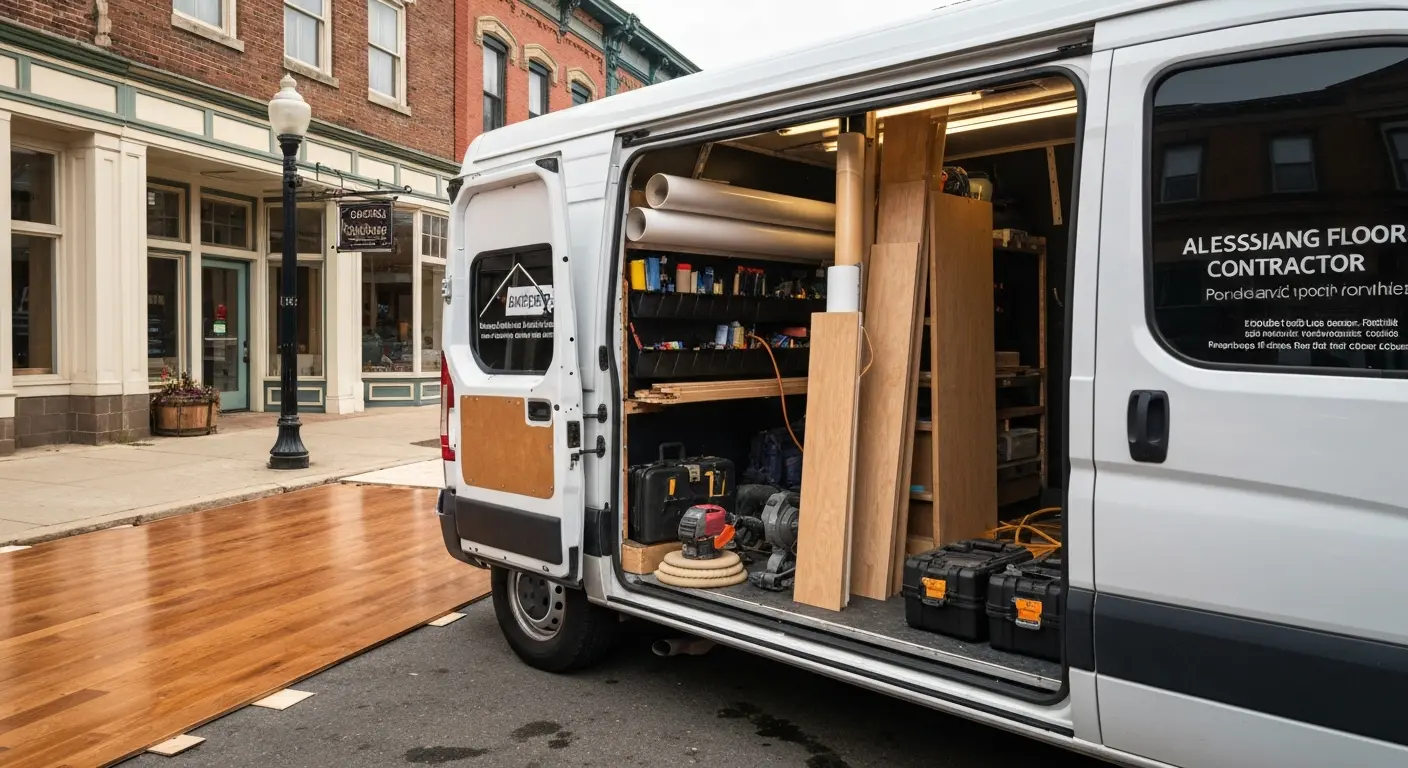 Altoona flooring contractor service vehicle in downtown area