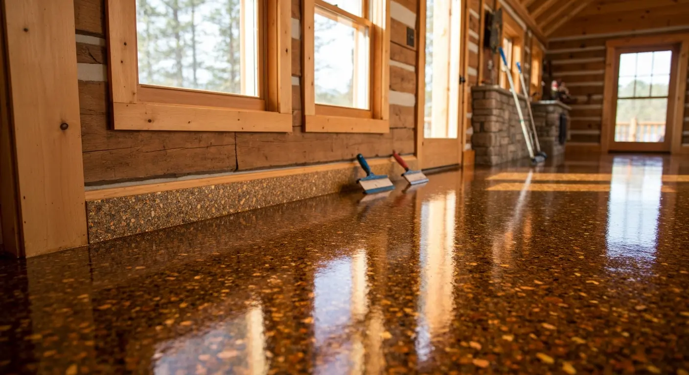 Cabin flooring with decorative epoxy finish