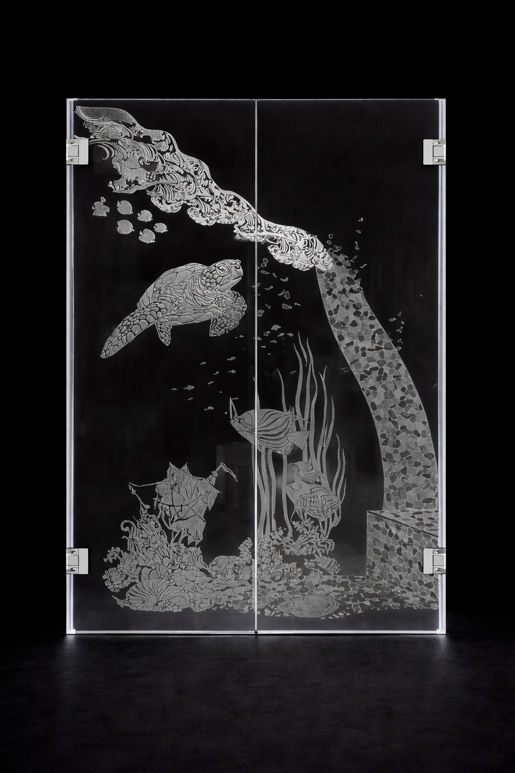 Shower door glass art by Greg Holder