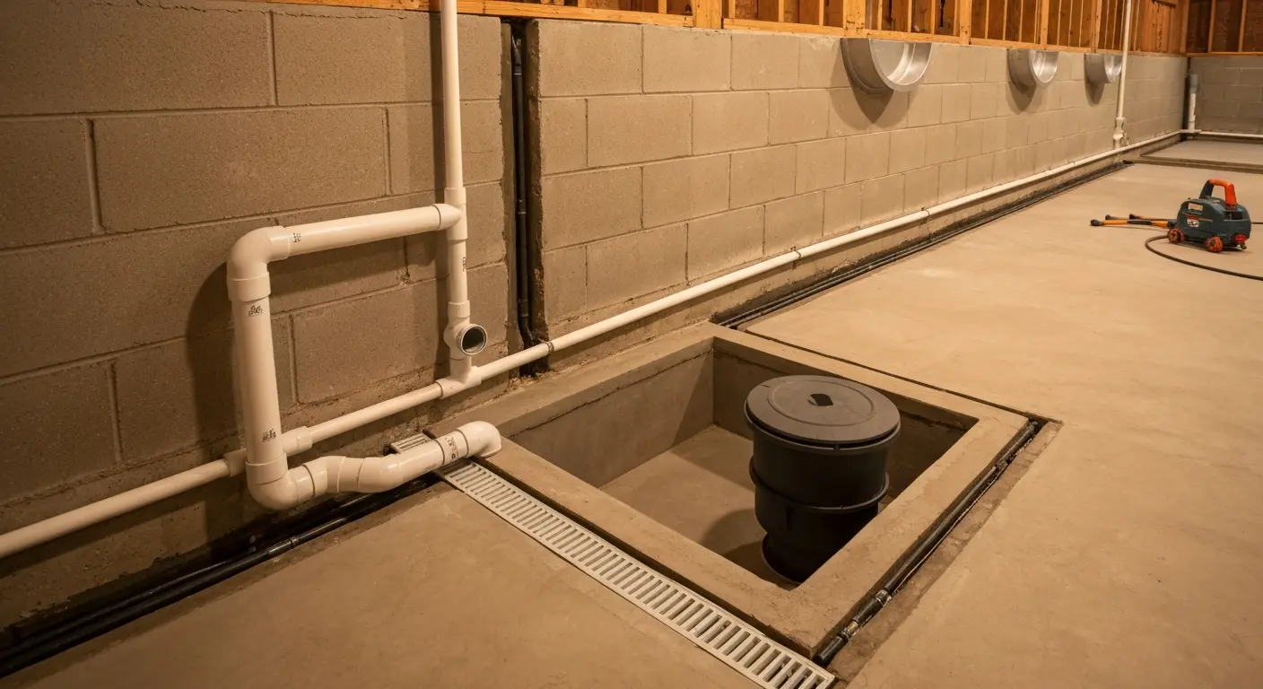 Interior French drain with sump pump