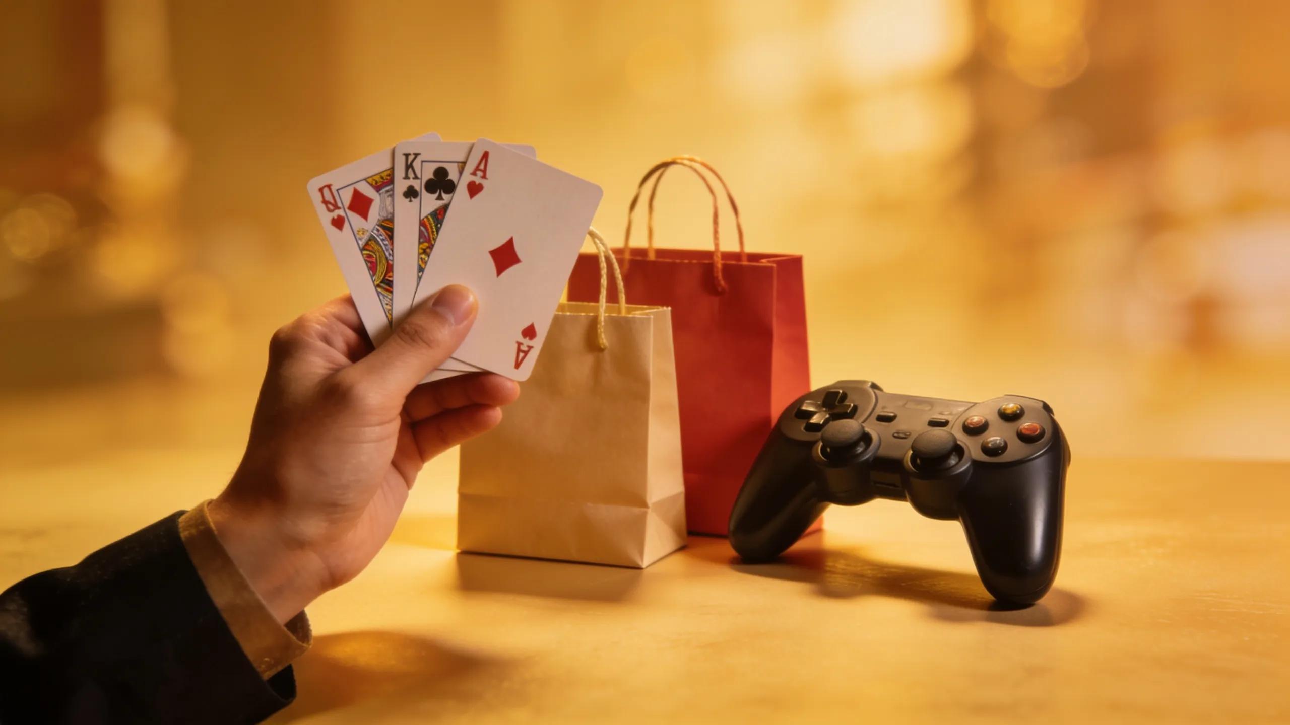 Various symbols of process addictions including gambling cards, shopping bags, and gaming controllers