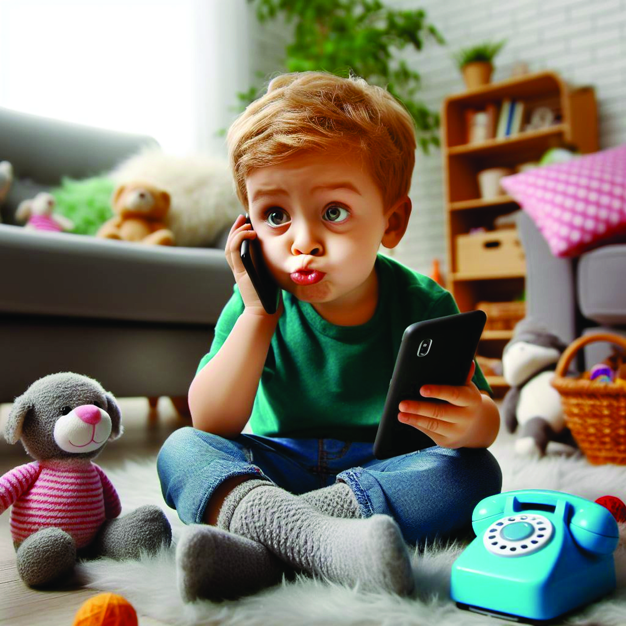 young child on cell phone to his head, one in his hand