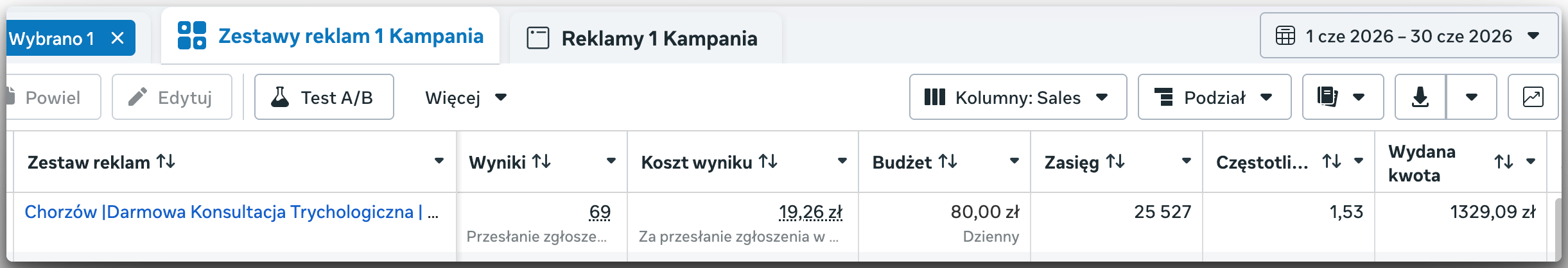 Wynik kampanii z Menedżera Reklam