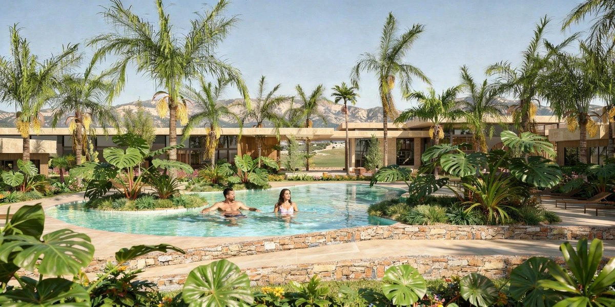 Guests relaxing in the palm-lined hotel pool at Alhama