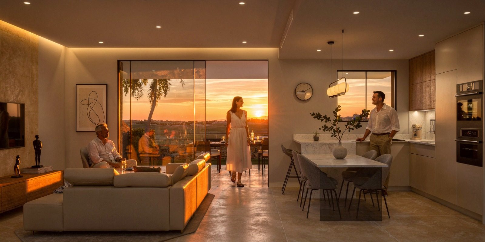 Evening inside an Alhama villa, the terrace doors open to the sunset