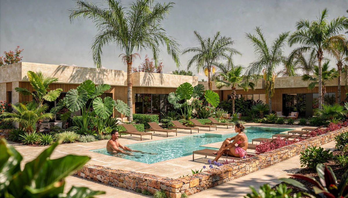 Guests by the lagoon pool at the Alhama hotel