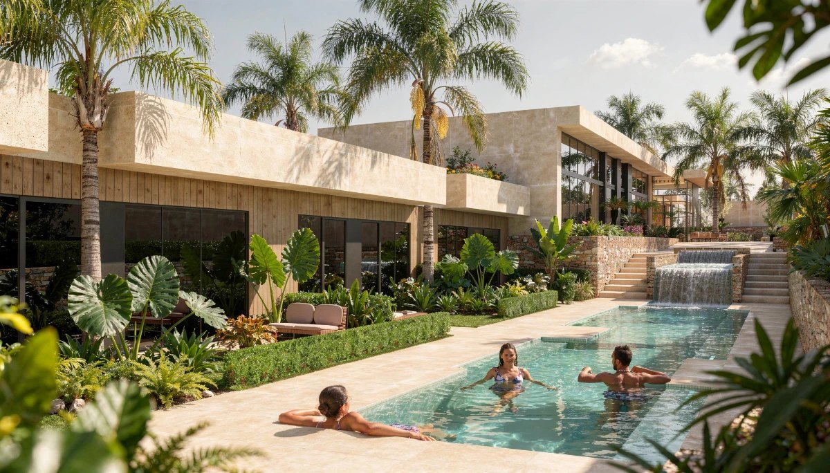 A spa pool with a stone waterfall