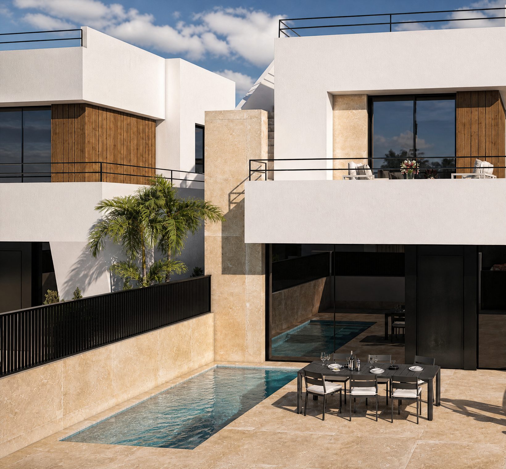 A white two-storey Alhama villa with its private pool