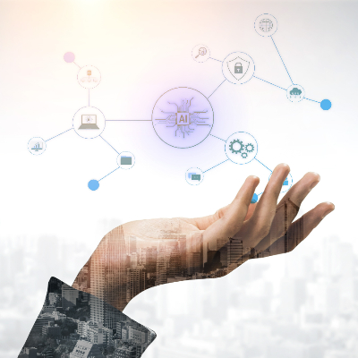 Close up of a business person hands using a digital tablet with futuristic tech icons floating above the screen in a modern office