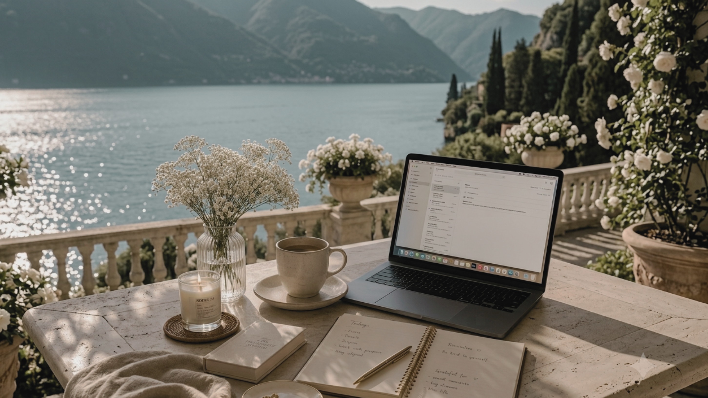 A quiet lakeside workspace with coffee, candle, and flowers