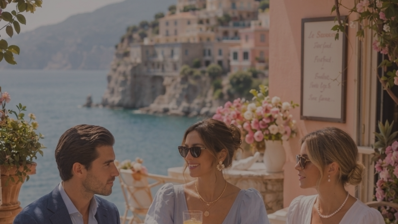Friends gathered on a coastal terrace