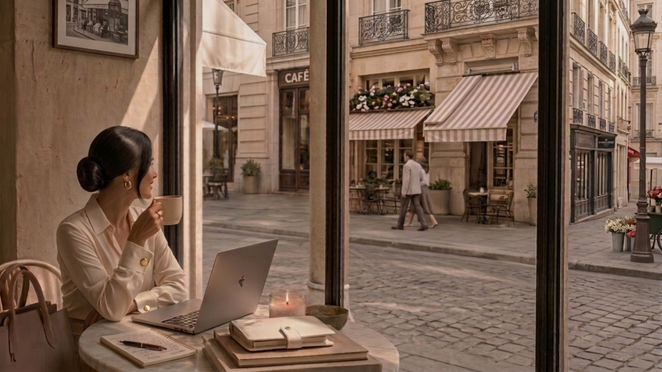 A founder pausing over coffee, working from a sunlit café table