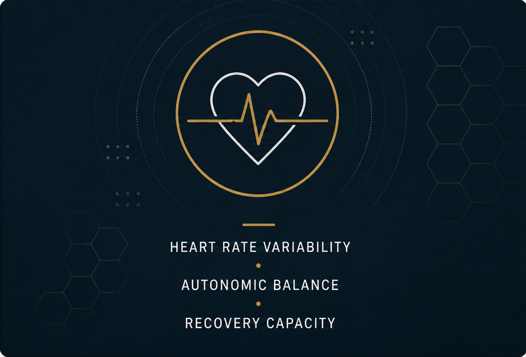 Heart rate variability, vagal tone, the ability to actually downshift between outputs. The sympathetic system is built for short, high-output bursts followed by parasympathetic recovery. High-output professionals frequently get stuck in sympathetic dominance for years at a time. The body never gets the recovery signal. Sleep becomes shallow. Digestion stalls. Recovery from training plateaus. The "rest" you're getting is not actually restorative.