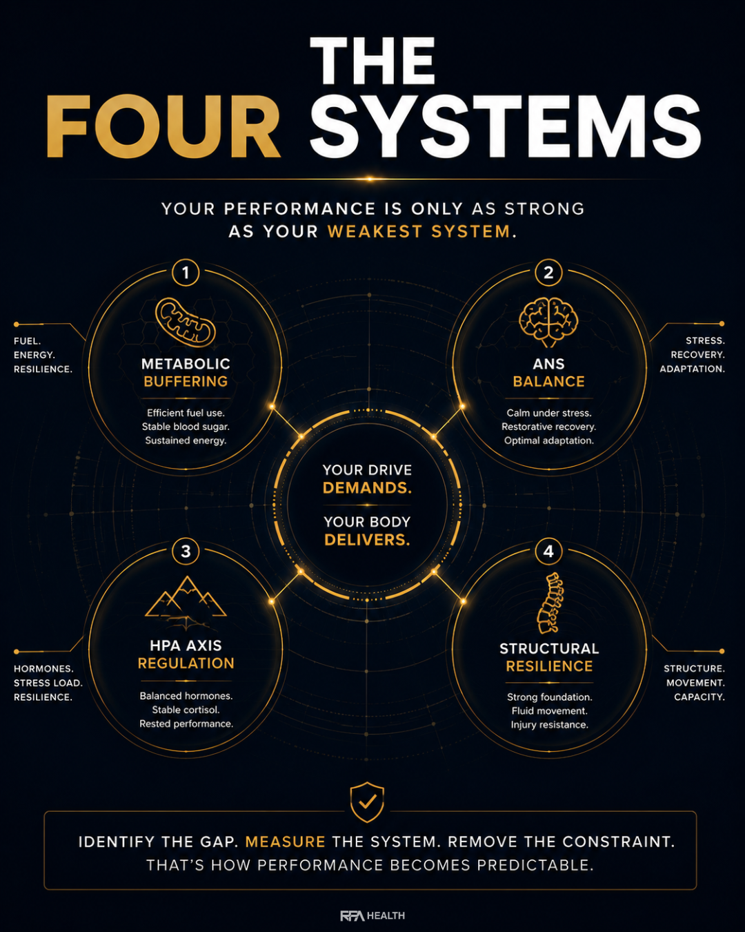 RPA Health Performance Gap diagram showing four measurable systems around performance potential: HPA axis regulation, structural resilience, ANS balance, and metabolic buffering. RPA Health Performance Gap diagram showing four measurable systems around performance potential: HPA axis regulation, structural resilience, ANS balance, and metabolic buffering.