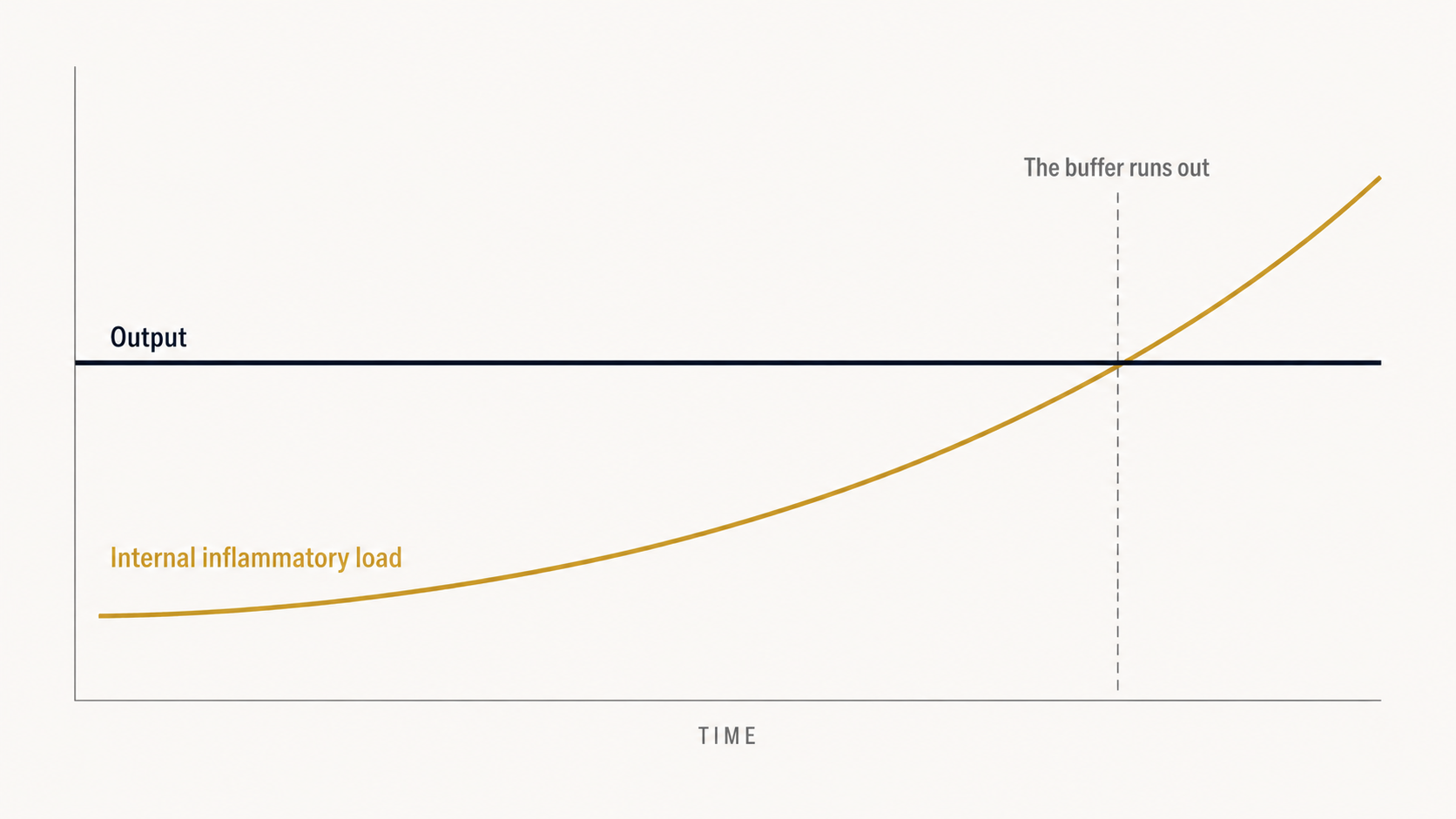 Two-line chart. Output holds flat. Internal inflammatory load rises and crosses above it. Marker: 'The buffer runs out.'