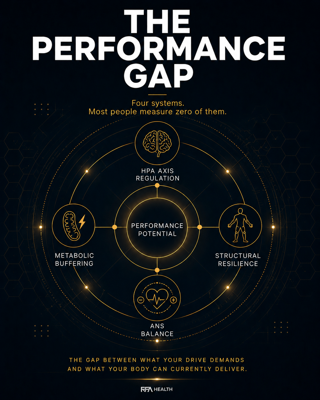 The Performance Gap System™ identifies and removes what’s limiting your output, so you can perform without limits again. There is a gap between what your drive demands and what your body can currently deliver.  That gap has a name. It has a mechanism. And it's not aging.