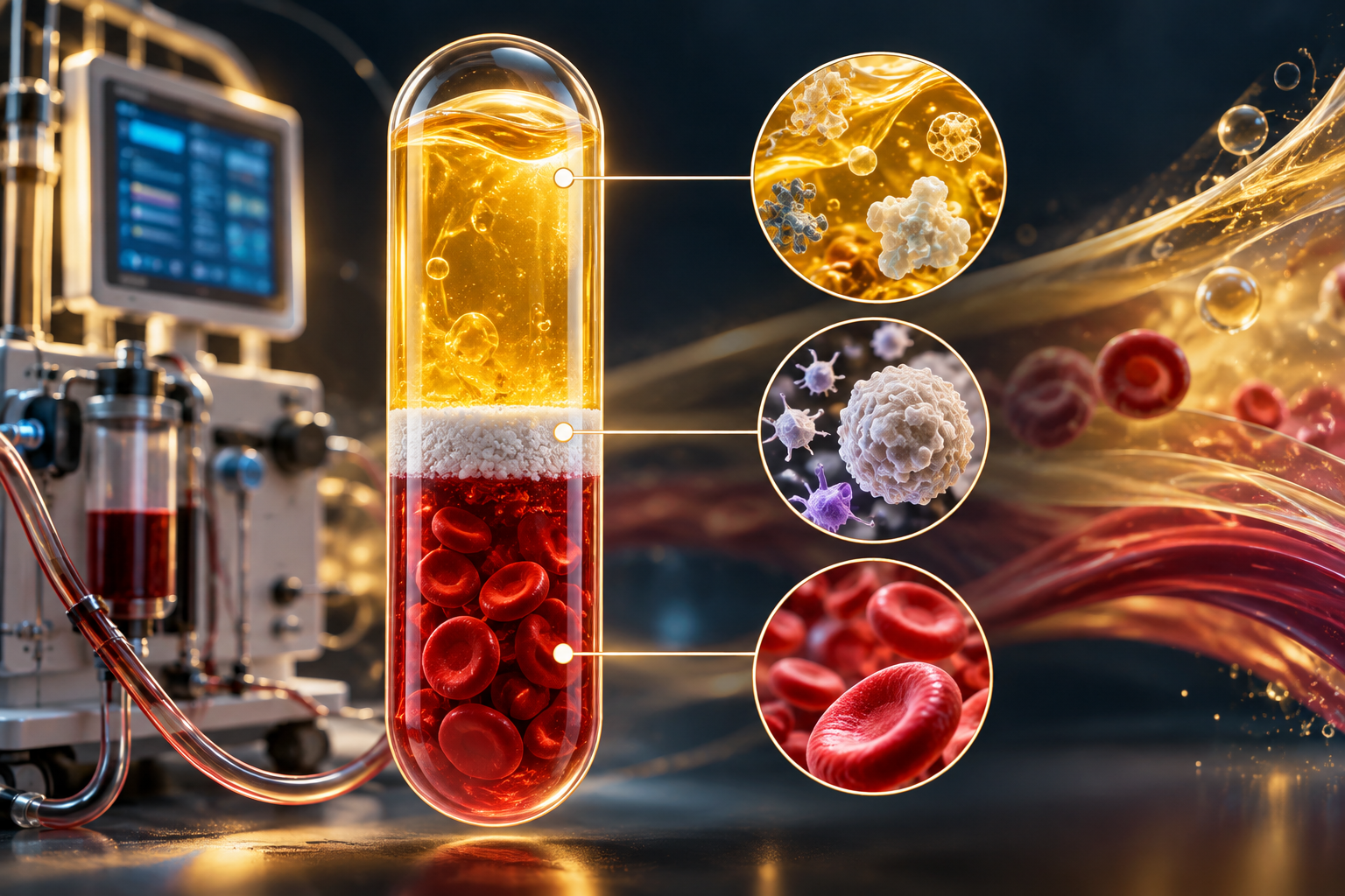 Blood separated by centrifugation: plasma at the top, a thin band of white cells and platelets in the middle, and red cells at the bottom