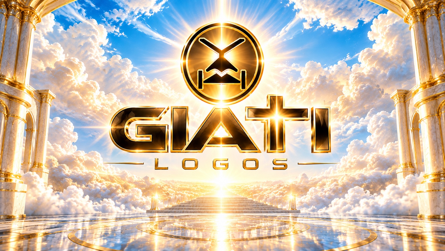 Golden GIATI Logos emblem surrounded by light, clouds, and marble columns