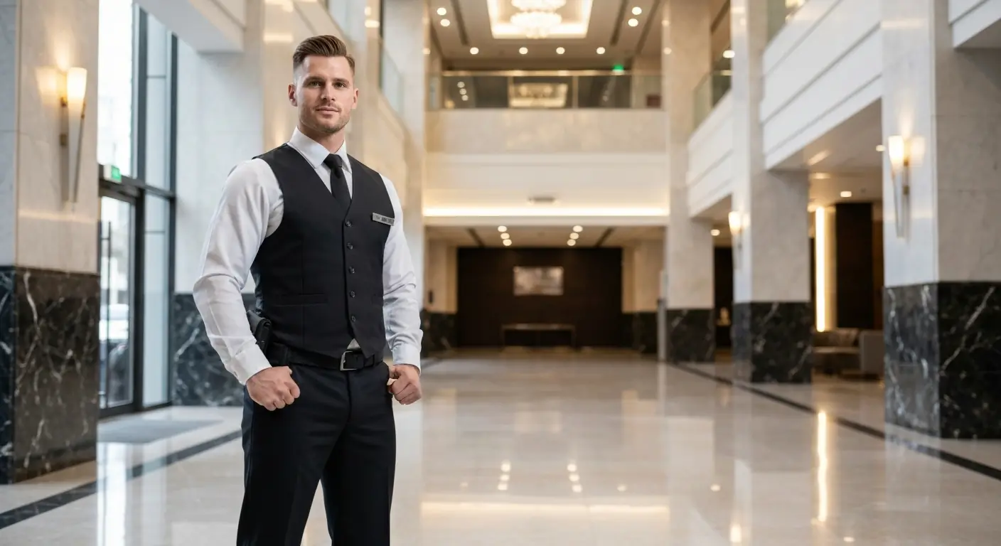 Concierge security officer in a downtown Vancouver building lobby