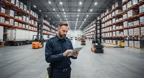 Security guard checking inventory in a warehouse