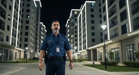 Security guard patrolling a residential apartment complex at night