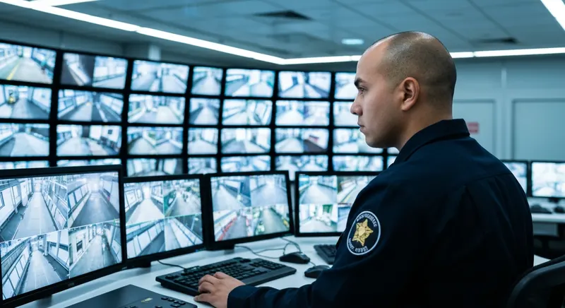 Security officer reviewing CCTV camera feeds