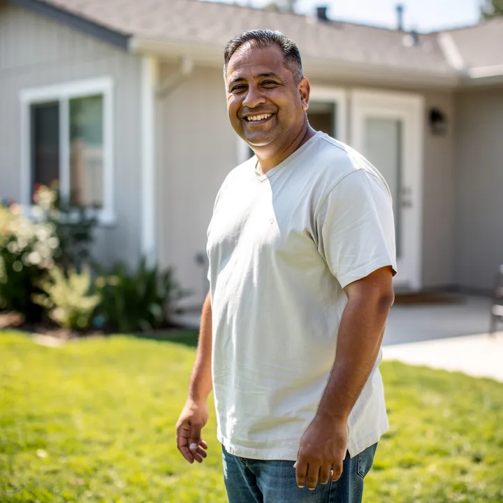Smiling middle-aged Hispanic man outdoors at a residential property in Red Bluff California