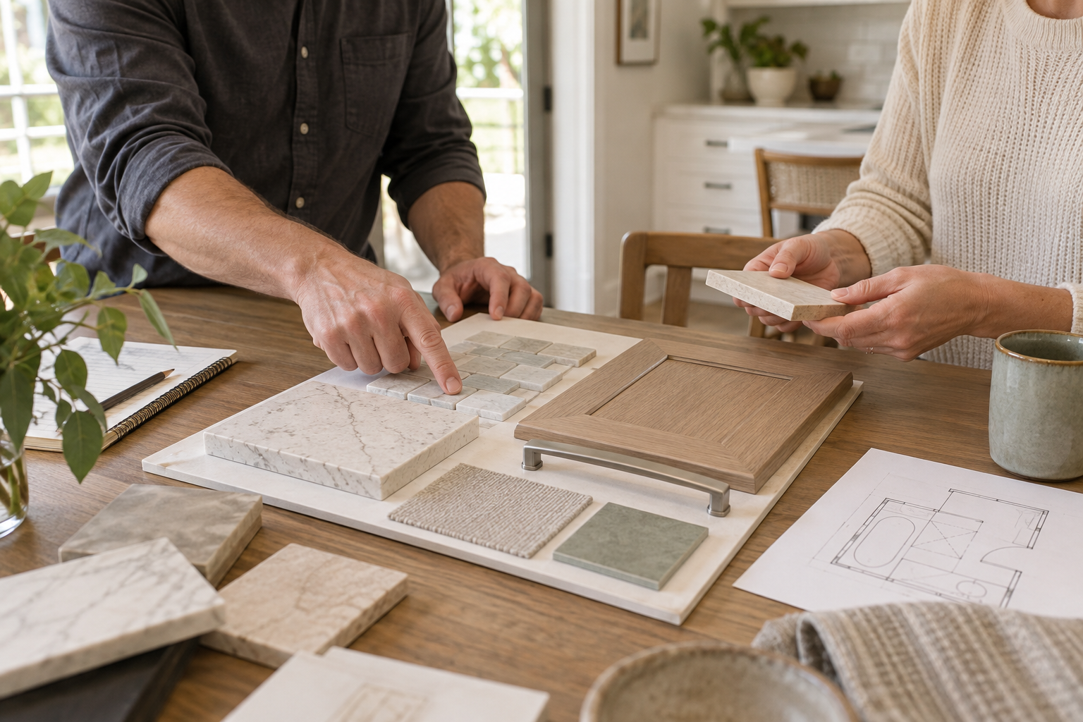 Design concept showing a homeowner and remodeling professional reviewing bathroom material samples