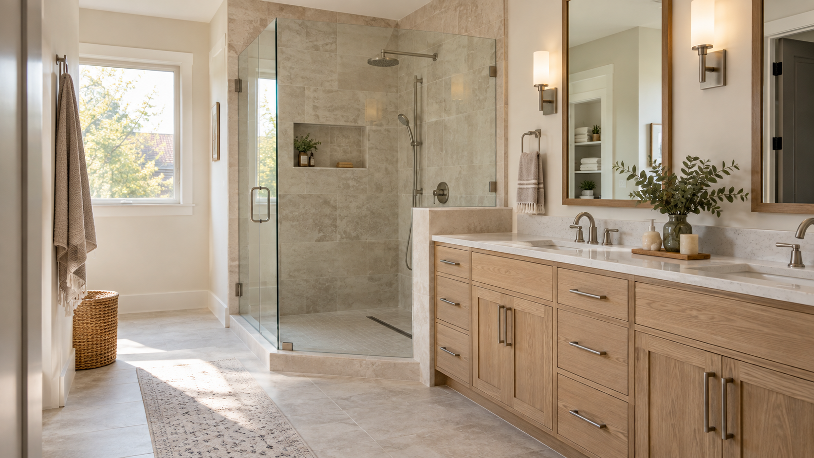 Warm contemporary bathroom design concept with a walk-in shower and oak vanity