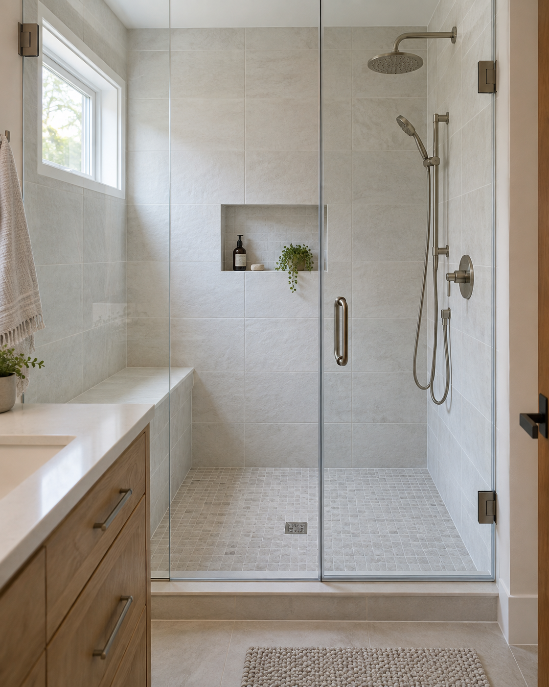 Walk-in shower design concept with pale stone tile, built-in niche, bench, and frameless glass