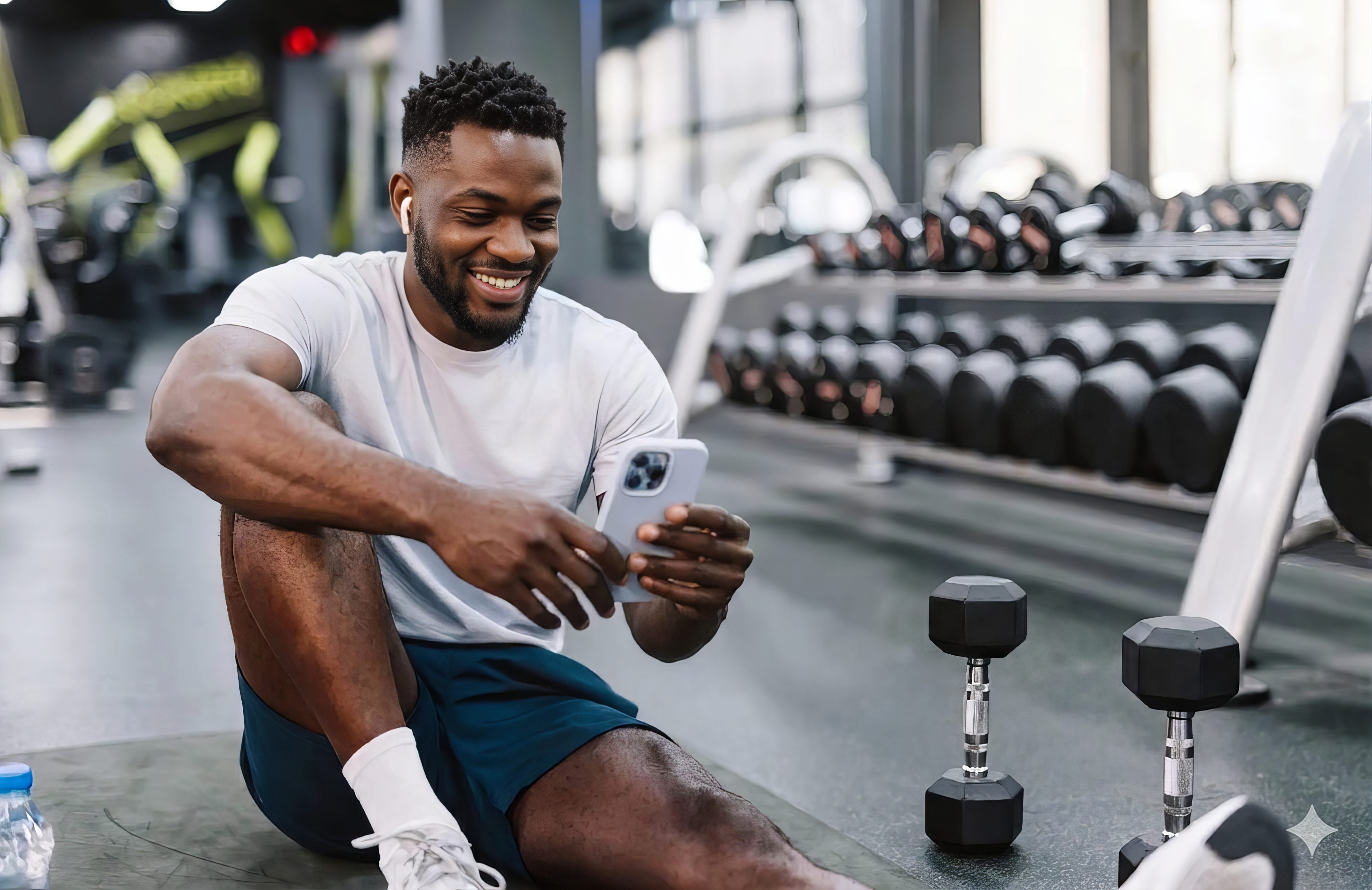 Fitness coach smiling at phone in gym