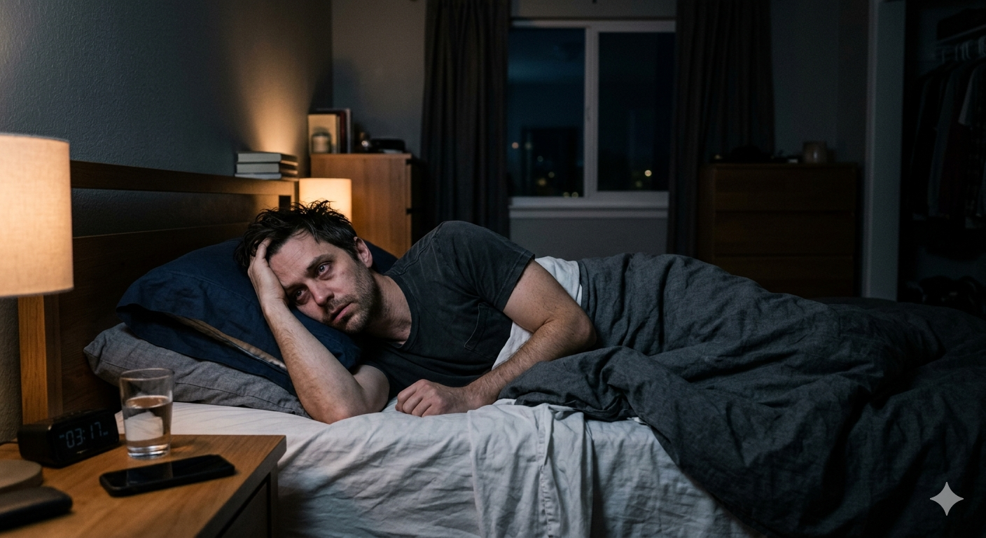 Person sleeping restfully in bed with warm lamp light, representing quality sleep and recovery