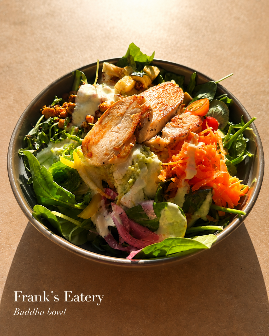 Fresh salad bowl with grilled chicken and vegetables, Queenstown
