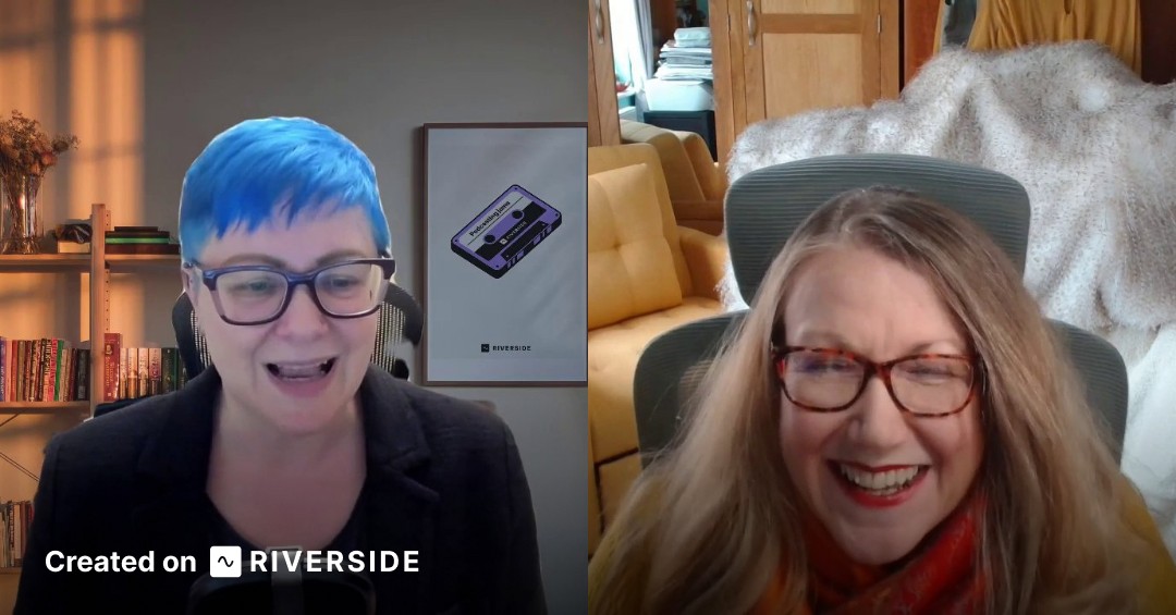Debi and Leah laughing on screen while recording the podcast