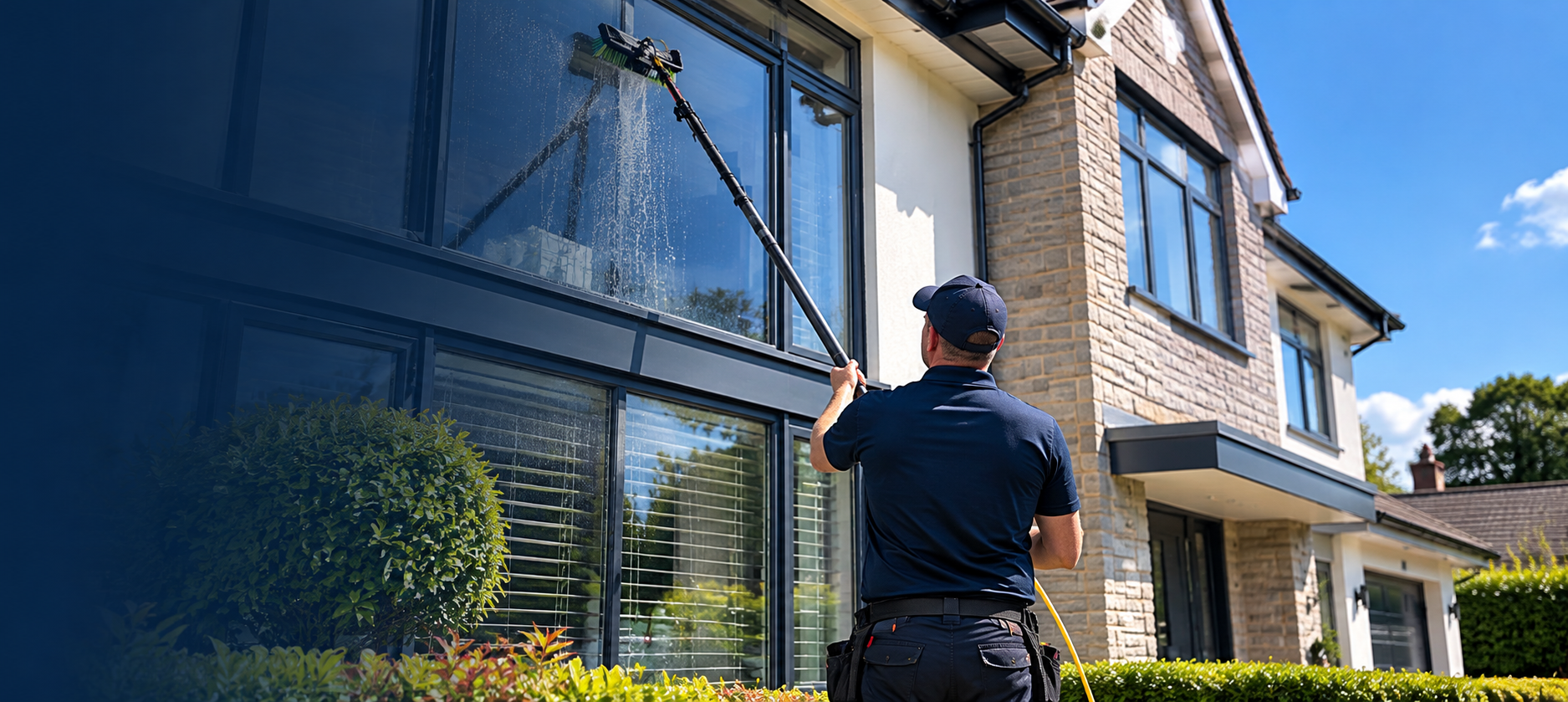 Window cleaner using a water-fed pole beside a modern house