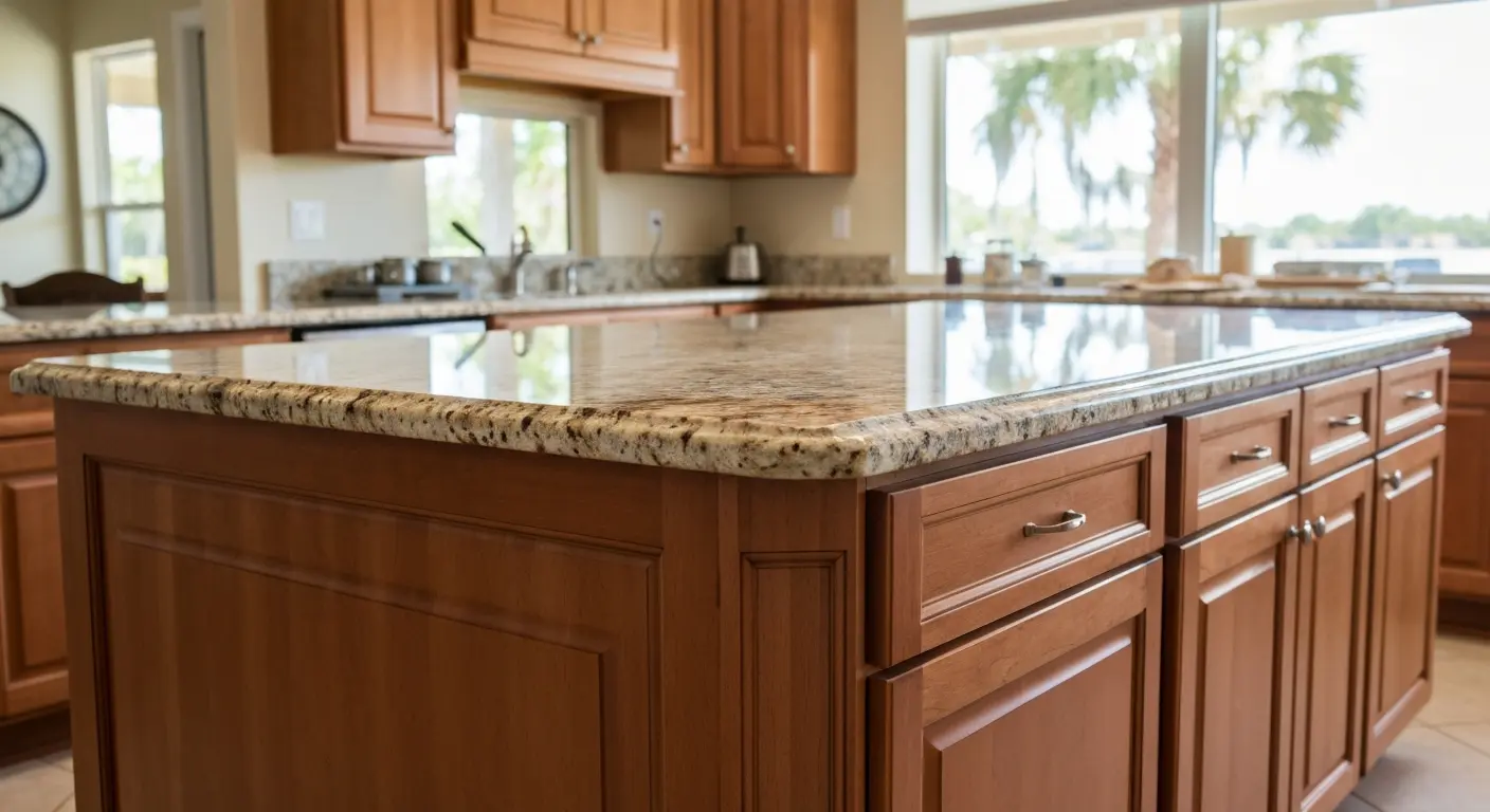 Kitchen island with granite countertop and wood cabinetry