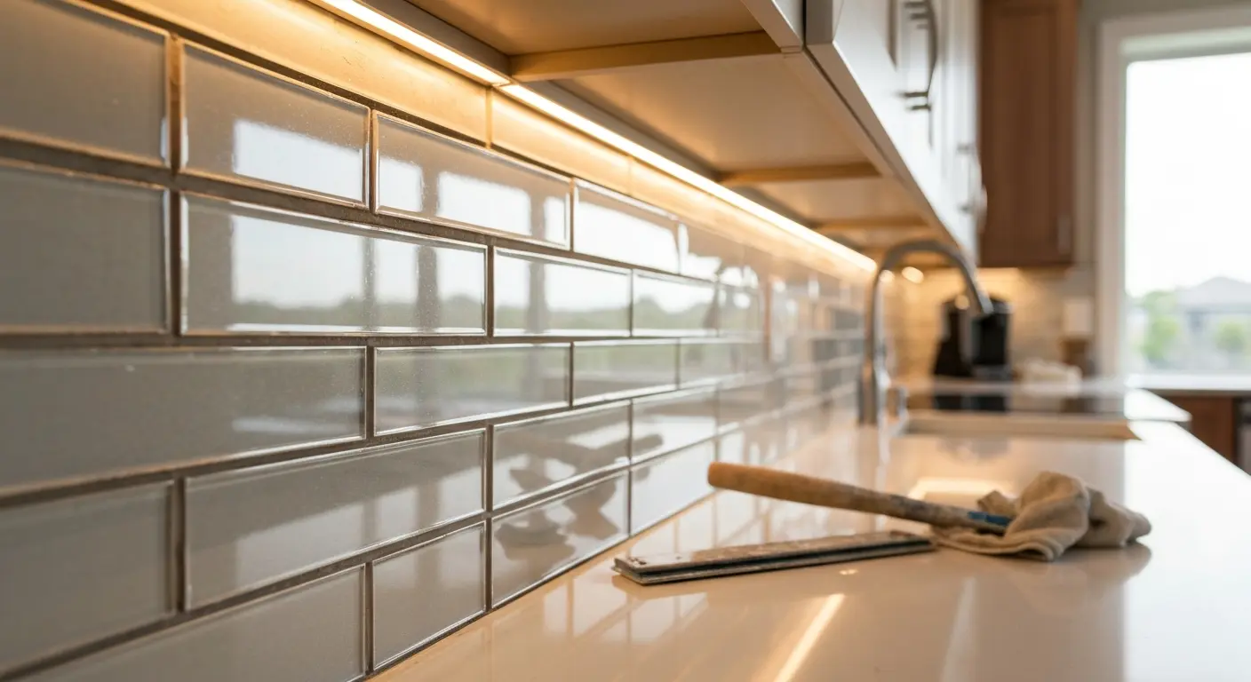 Glass tile backsplash installation