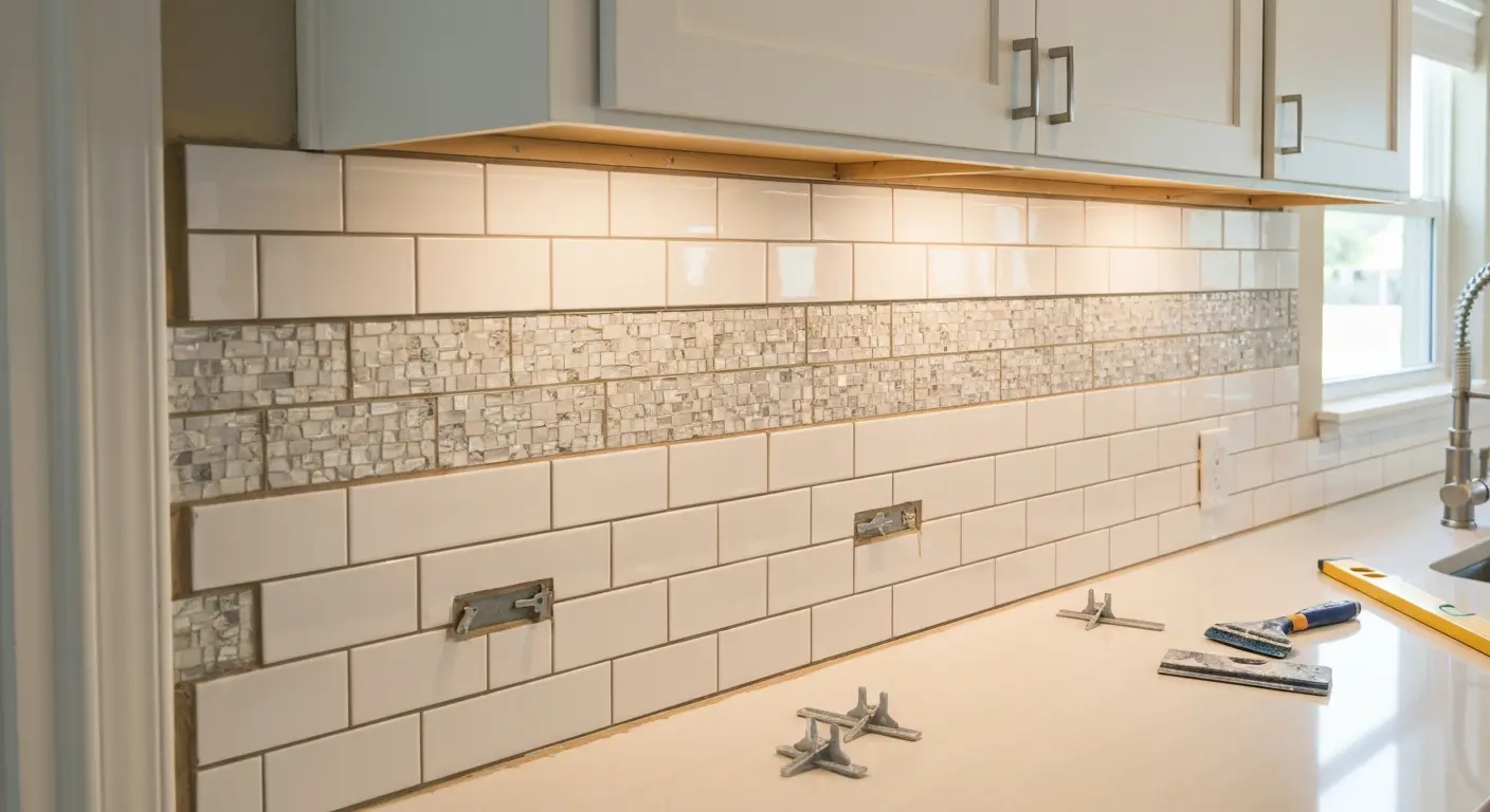 Subway tile and mosaic backsplash in kitchen