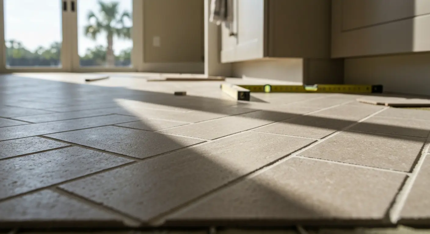 Porcelain tile kitchen flooring with herringbone pattern