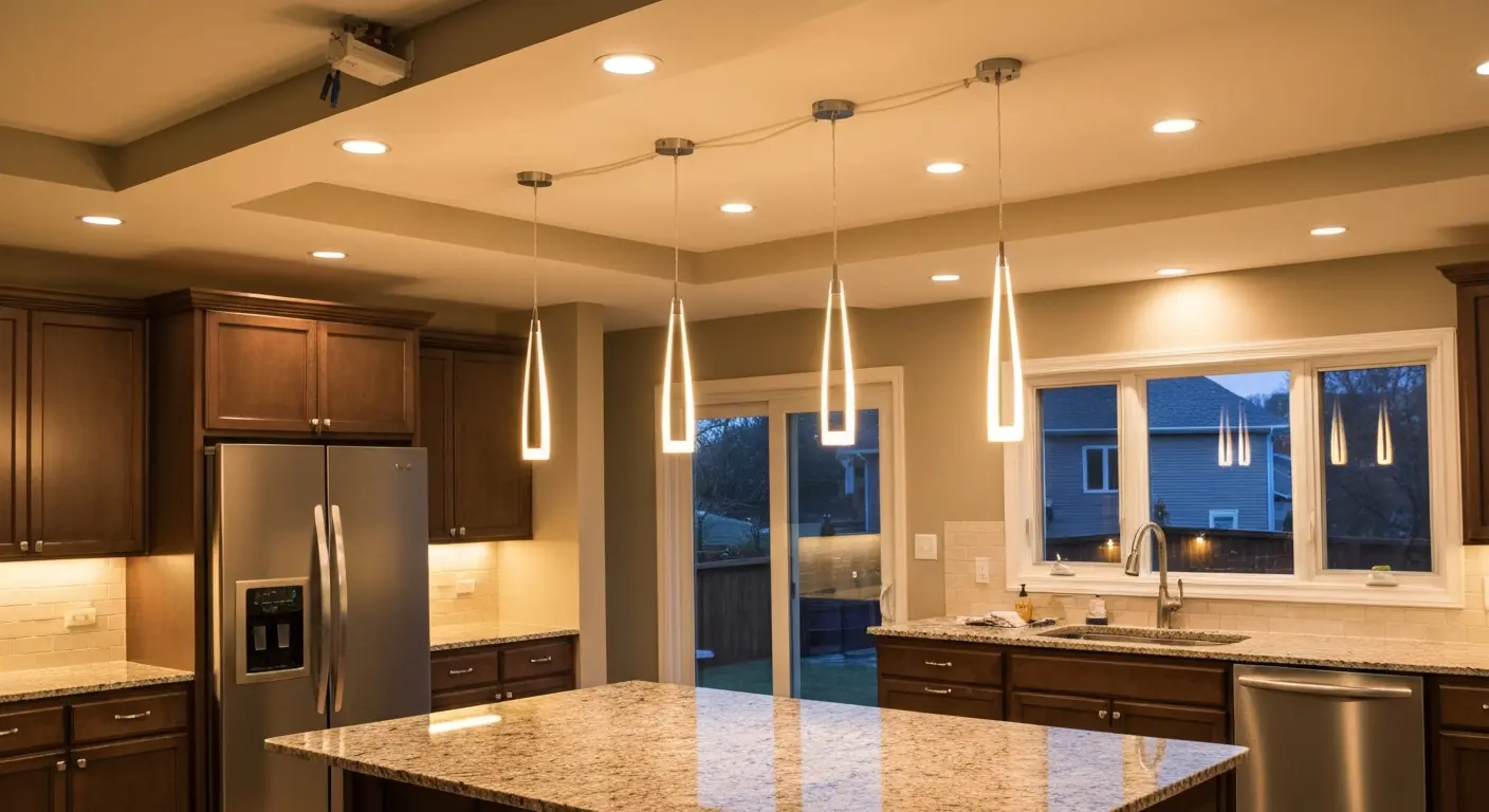 Modern pendant lights and recessed lighting in kitchen