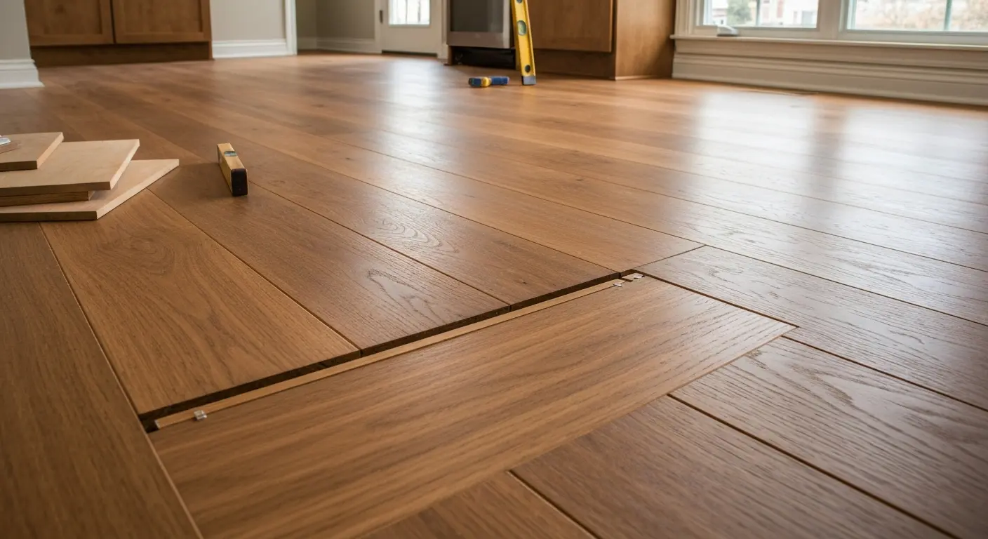 Wide-plank engineered hardwood with warm honey tones