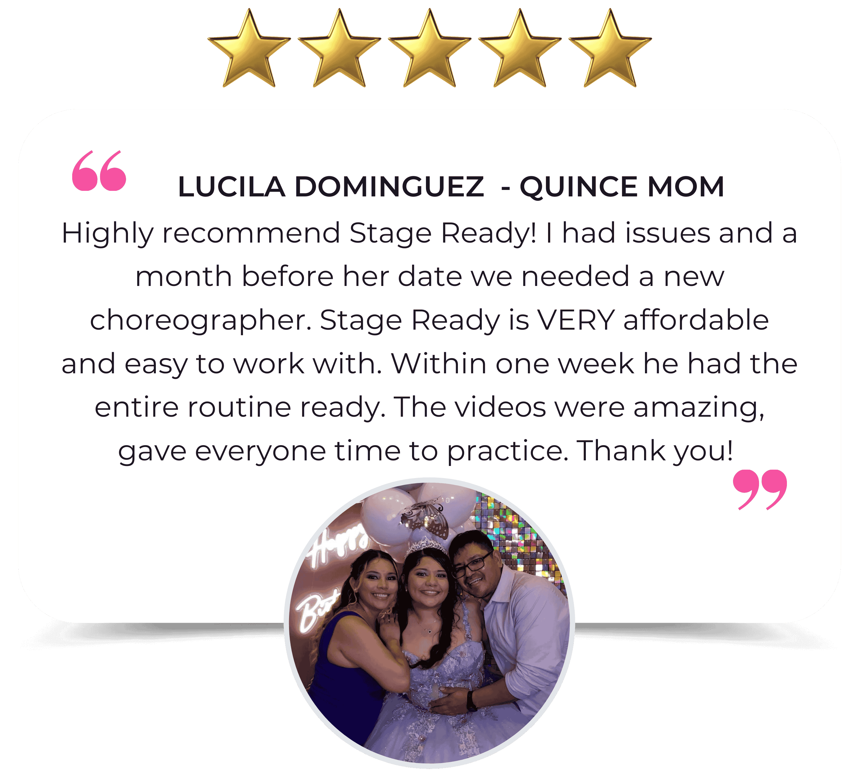 5-star Stage Ready review — mom recommends Stage Ready as affordable and easy to work with. Choreography was ready in one week, videos helped everyone practice.