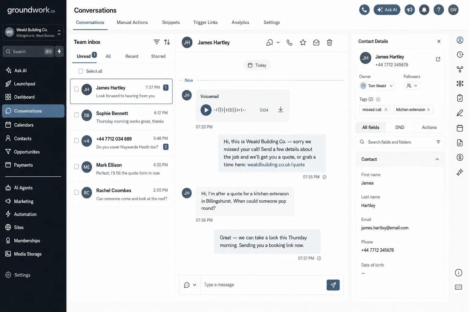 The GroundWork OS inbox — every lead, text and missed call in one place