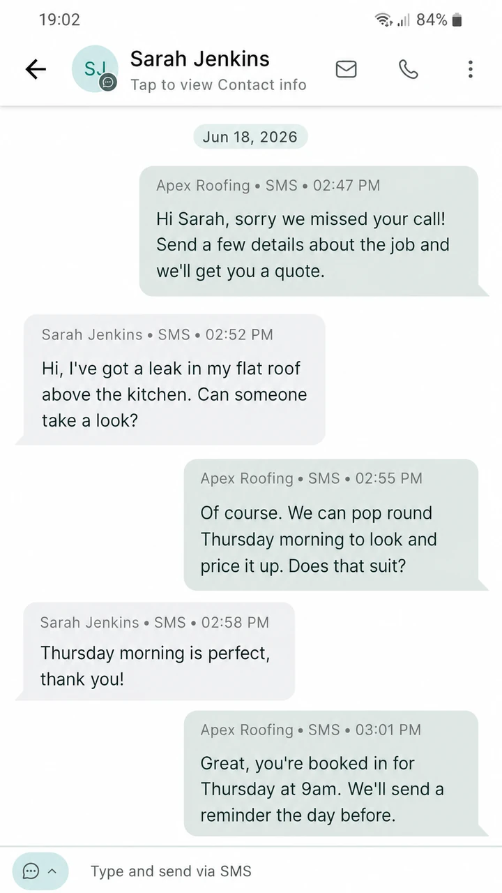 The lead-and-messaging app on a phone, handling a missed call
