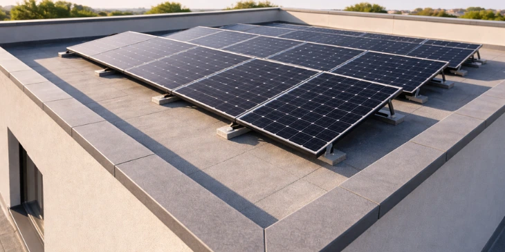 A modern flat roof with solar panels on it, surrounded by the parapet walls