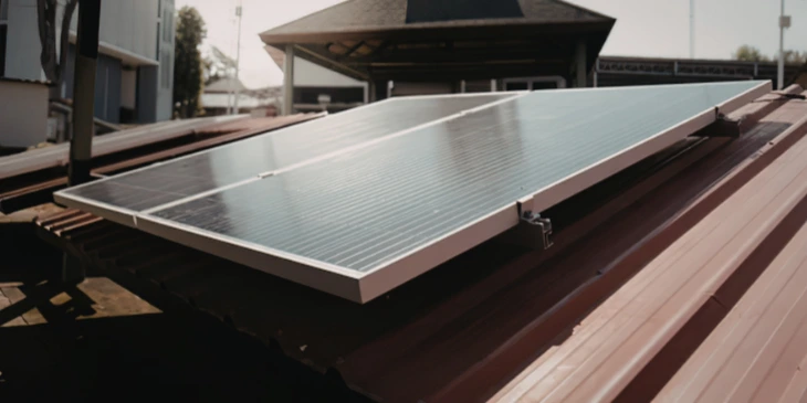 A solar panel on a metal roof.